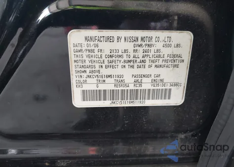 2006 Infiniti G35 from USA, damaged, VIN JNKCV51E16M511920